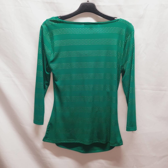 Ellen Tracy Y2K Green Gold dots twist front ruched drape neck 3/4 sleeves top XS - Picture 2 of 6